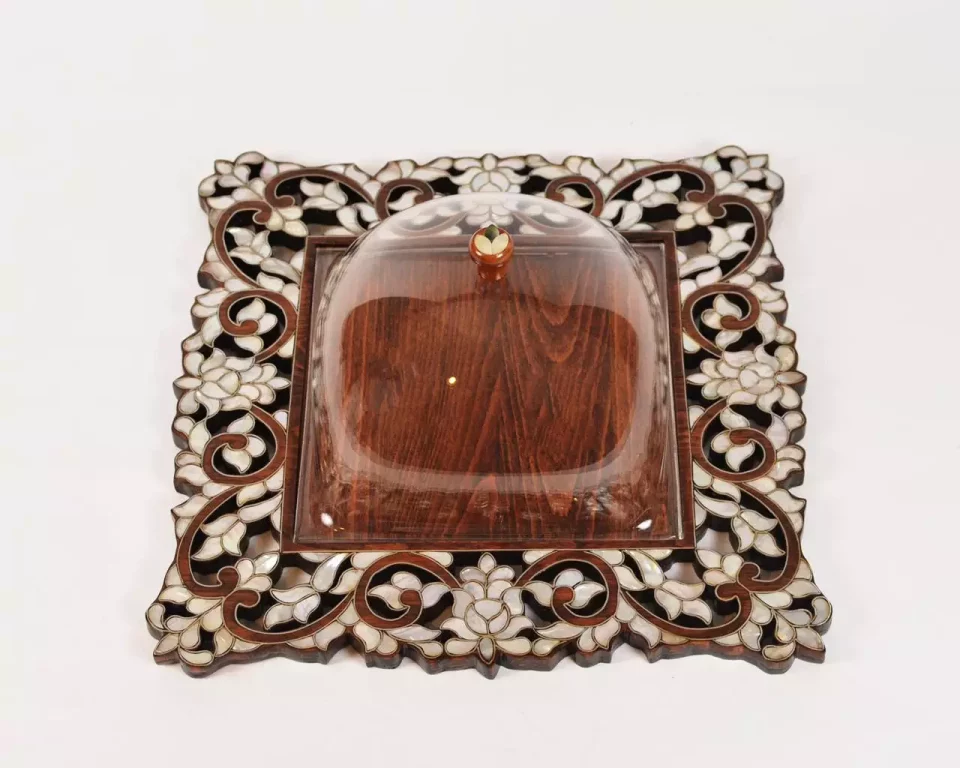 luxurious tray with a Plexi cover, inlaid with natural mother-of-pearl