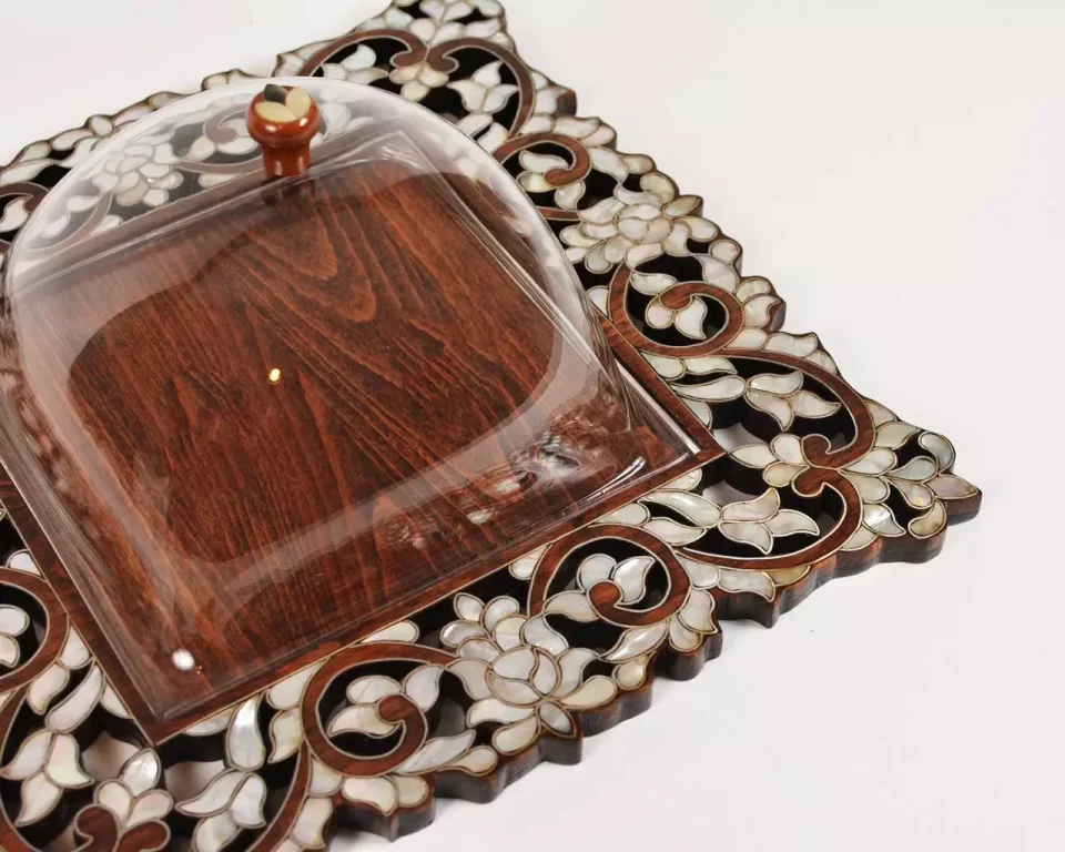 luxurious tray with a Plexi cover, inlaid with natural mother-of-pearl