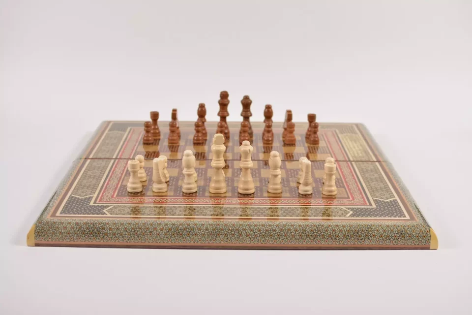 Golden backgammon and Chess / wooden board inlaid with copper / Board games