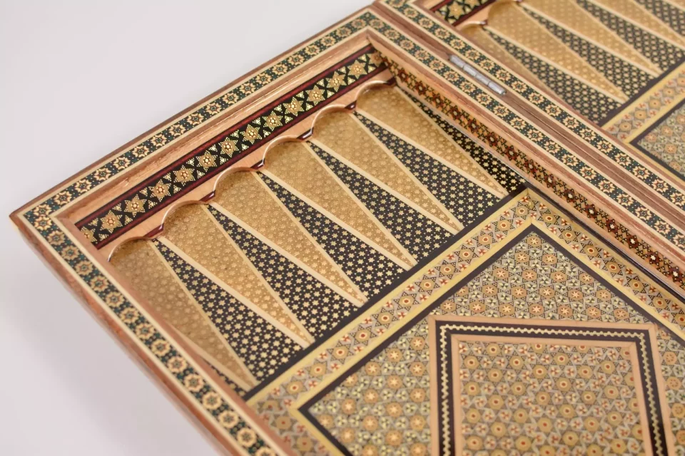 Golden backgammon and Chess / wooden board inlaid with copper / Board games