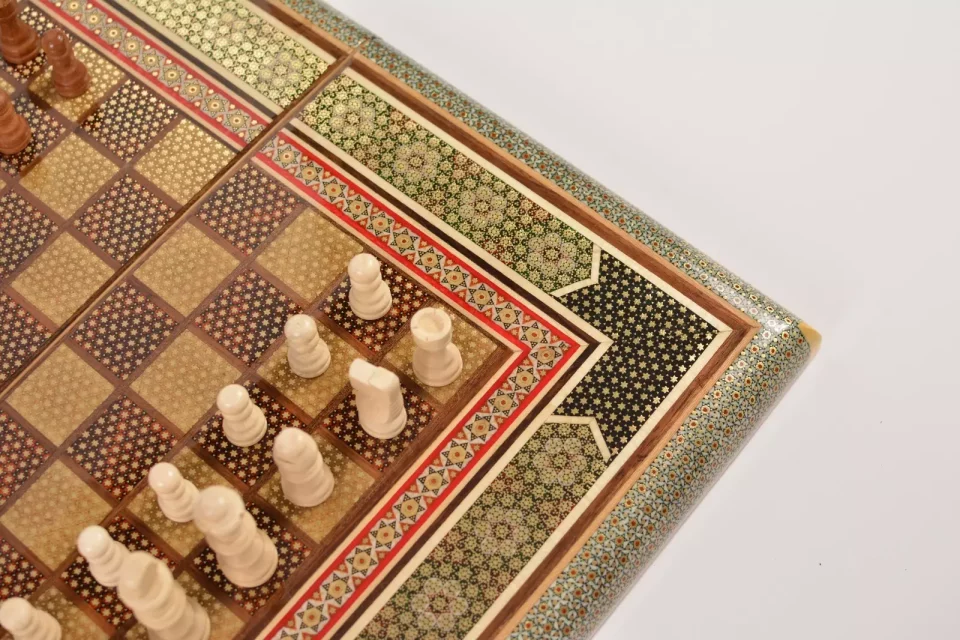 Golden backgammon and Chess / wooden board inlaid with copper / Board games