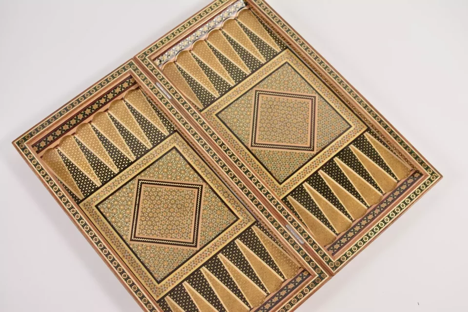 Golden backgammon and Chess / wooden board inlaid with copper / Board games
