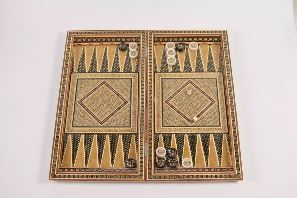 Golden backgammon and Chess / wooden board inlaid with copper / Board games