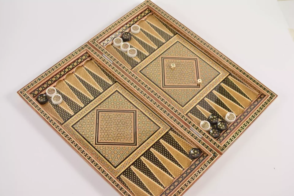 Golden backgammon and Chess / wooden board inlaid with copper / Board games