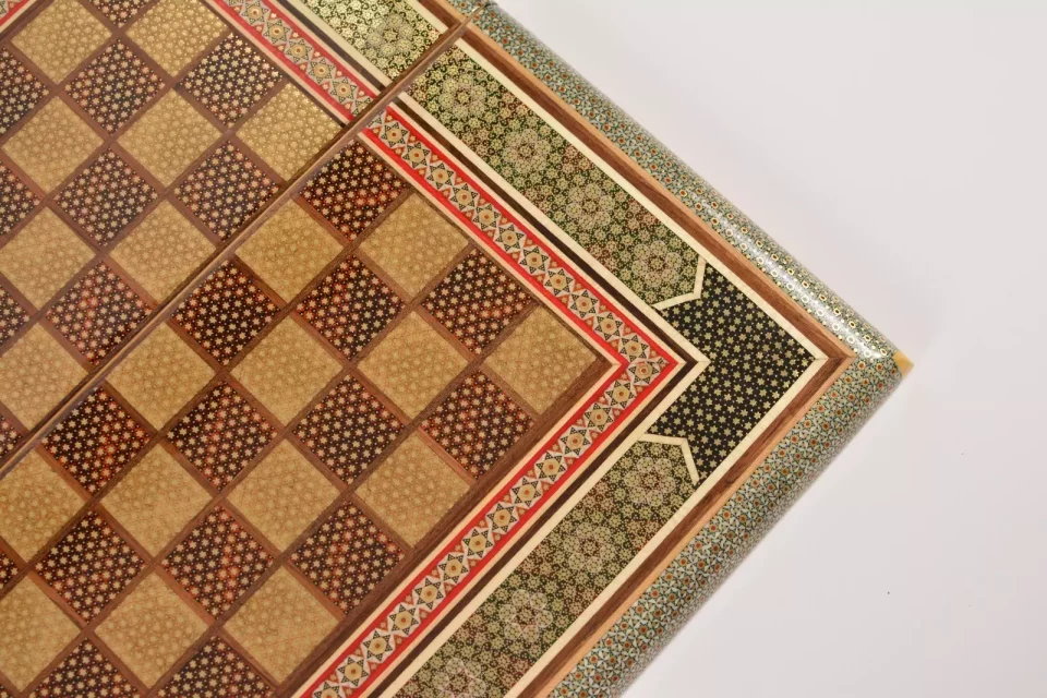 Golden backgammon and Chess / wooden board inlaid with copper / Board games