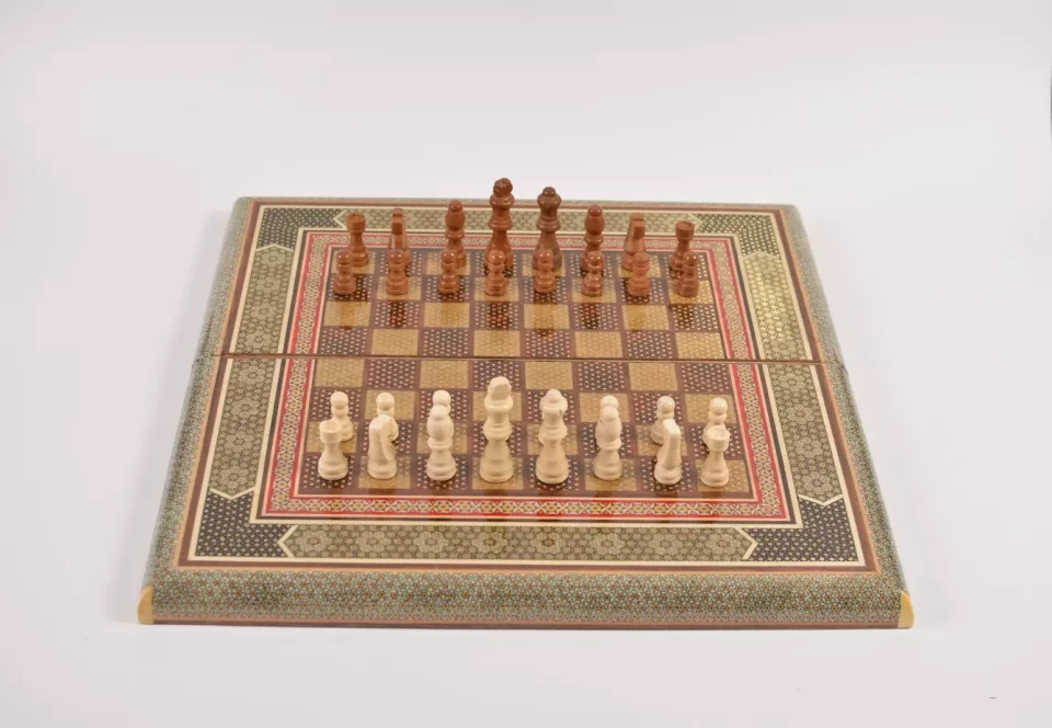 Golden backgammon and Chess / wooden board inlaid with copper / Board games