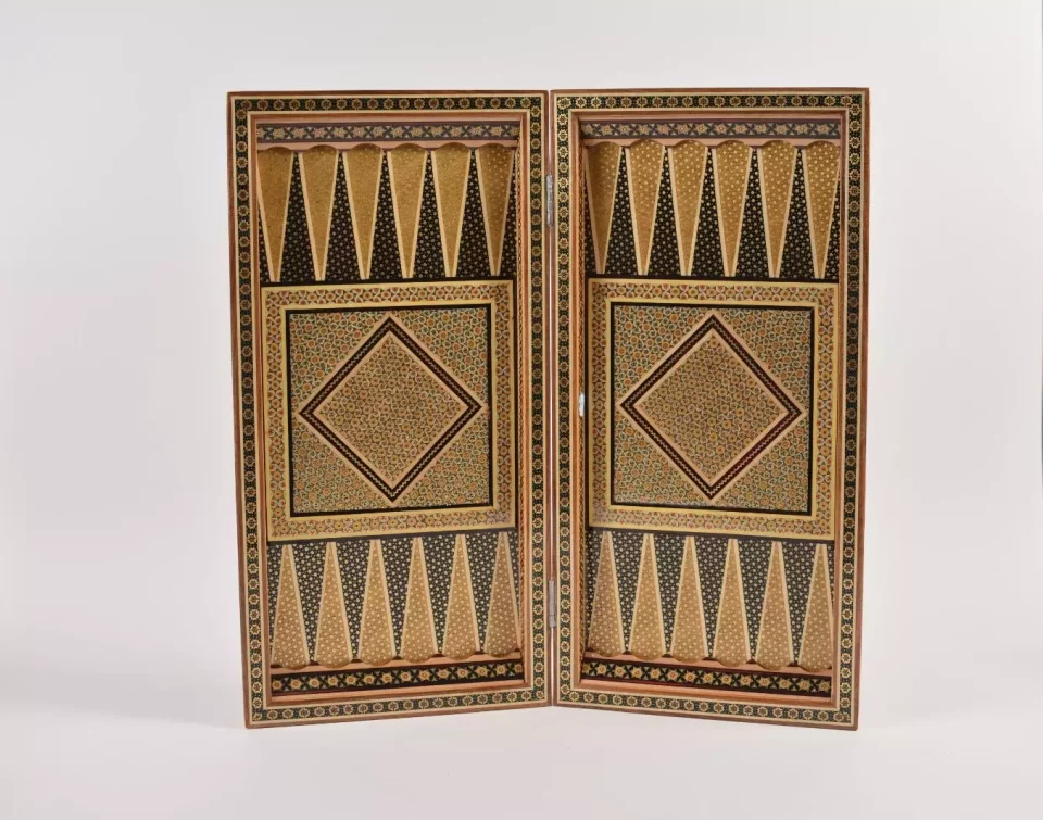 Golden backgammon and Chess / wooden board inlaid with copper / Board games