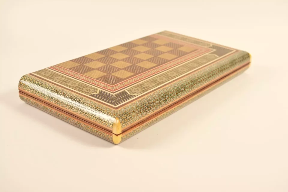 Golden backgammon and Chess / wooden board inlaid with copper / Board games