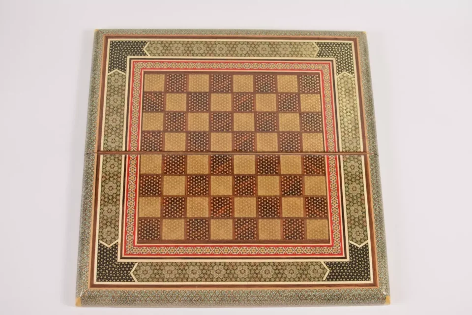 Golden backgammon and Chess / wooden board inlaid with copper / Board games