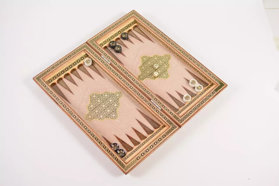 Golden backgammon and Chess / wooden board inlaid with copper Royal gift