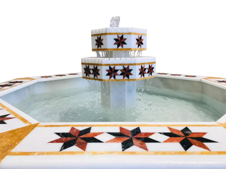 Octagonal Damascene water fountain handmade from natural marble mosaic