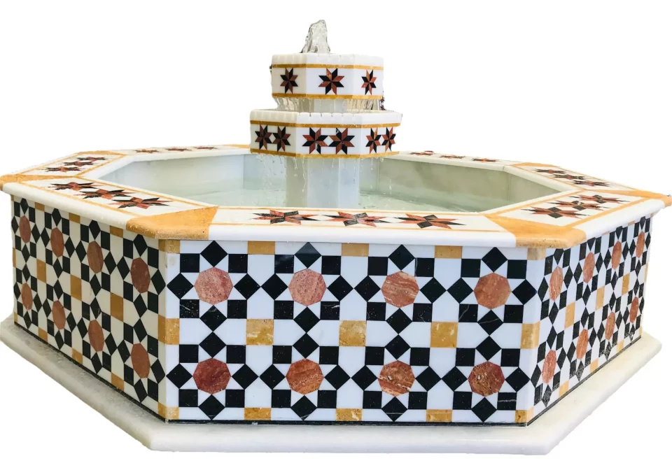 Octagonal Damascene water fountain handmade from natural marble mosaic