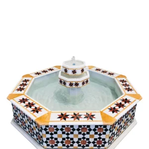 Octagonal Damascene water fountain handmade from natural marble mosaic