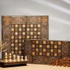 Wooden Chess set- BACKGAMMON PIECES -Folding chess Board, with closing lid Mosaic handmade