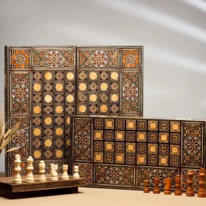 Wooden Chess set- BACKGAMMON PIECES -Folding chess Board, with closing lid Mosaic handmade