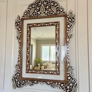 Masterpiece Wooden Wall Mirror with Handcrafted Mother of Pearl Inlay