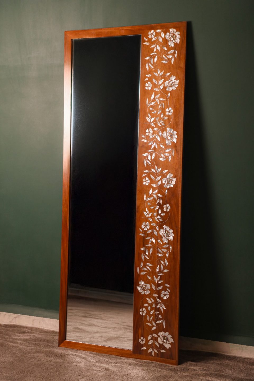 Unique royal wall mirror handmade from walnut wood and mother of pearl inlay