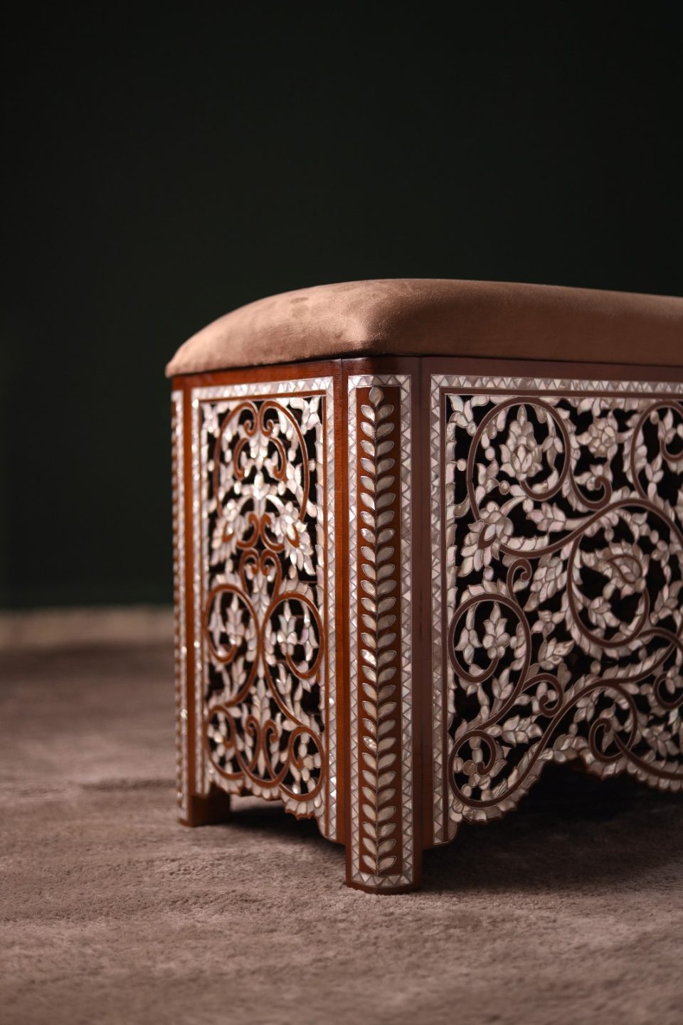 “Loulou” Damascus Bench – Handmade Walnut Wood with Mother of Pearl Inlay