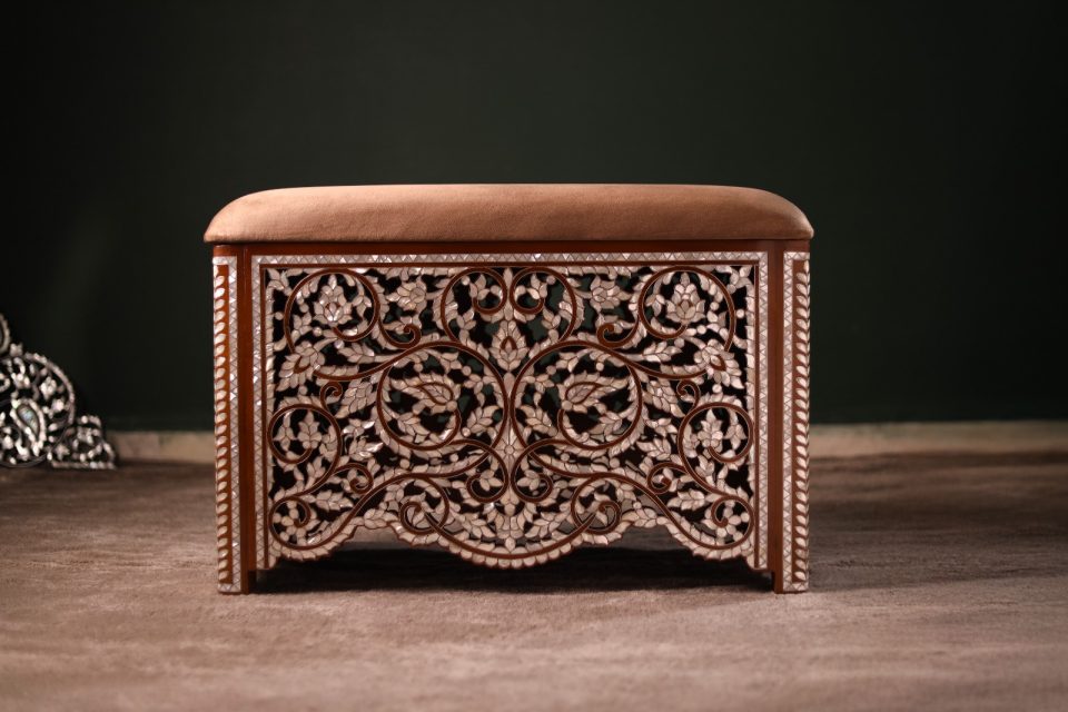 “Loulou” Damascus Bench – Handmade Walnut Wood with Mother of Pearl Inlay