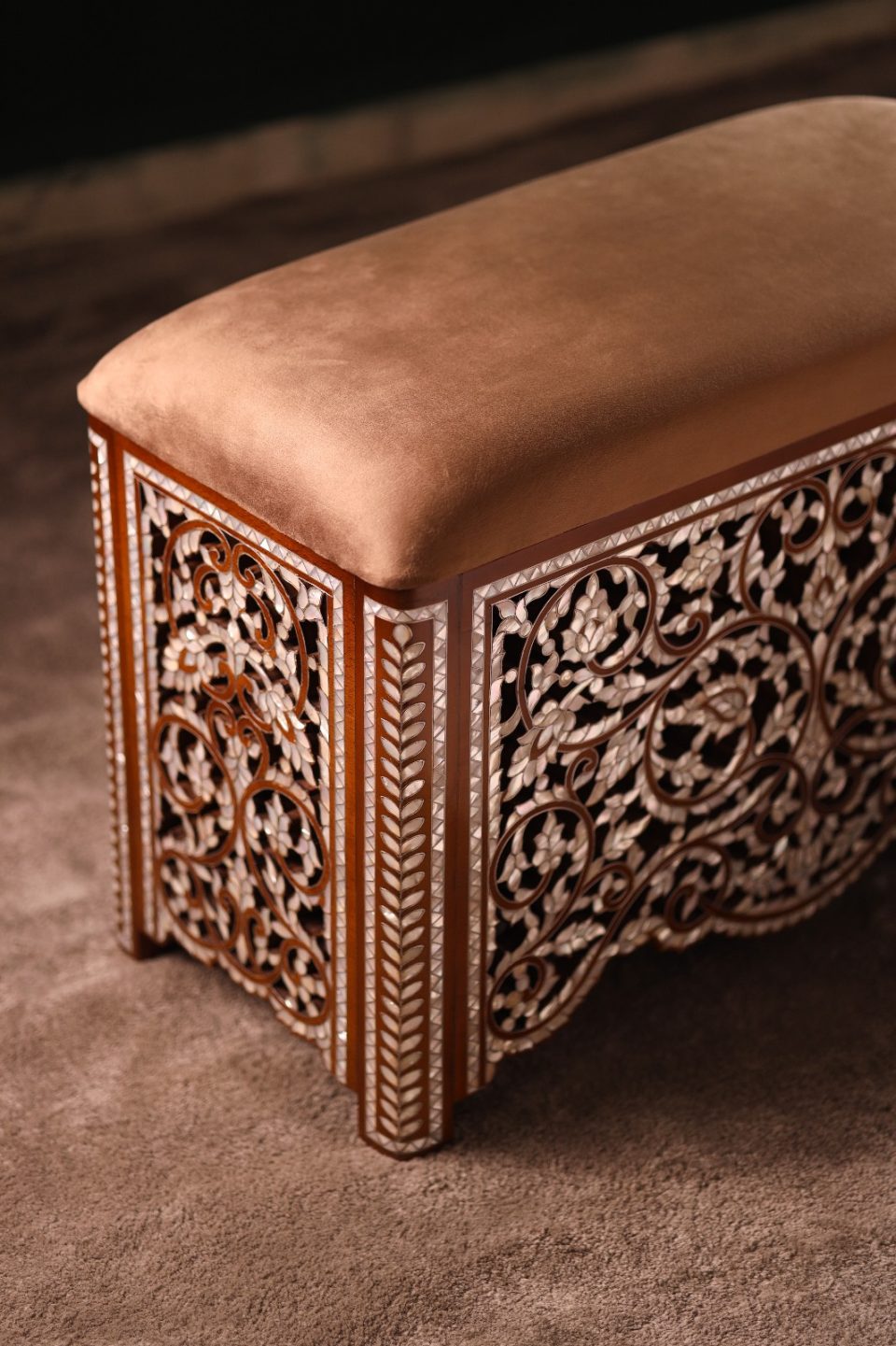 “Loulou” Damascus Bench – Handmade Walnut Wood with Mother of Pearl Inlay
