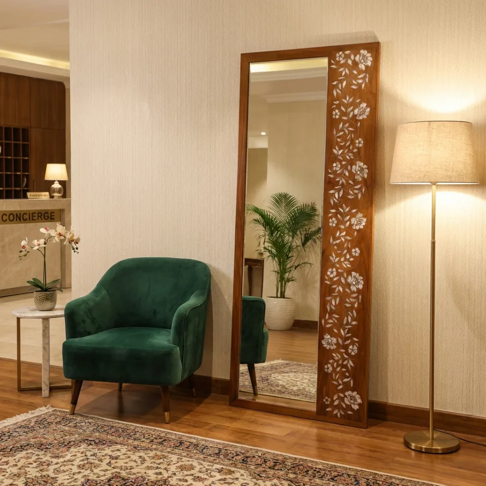 Full Length Handcrafted Wood Standing Mirror with Mother of Pearl Inlay | Zahra Collection