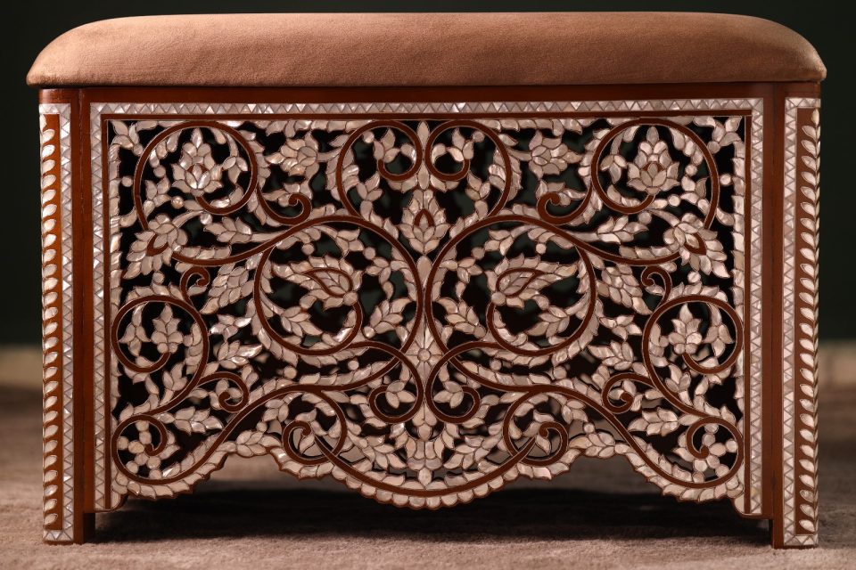 “Loulou” Damascus Bench – Handmade Walnut Wood with Mother of Pearl Inlay