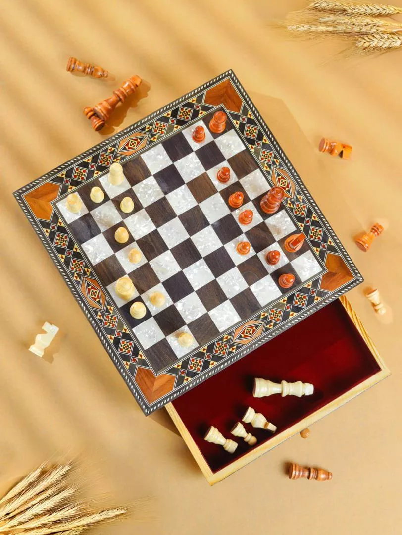 IMG-20251119-WA0011 Mosaic Chessboard with Natural Mother-of-Pearl Inlay – A Handmade Masterpiece from the Finest Woods