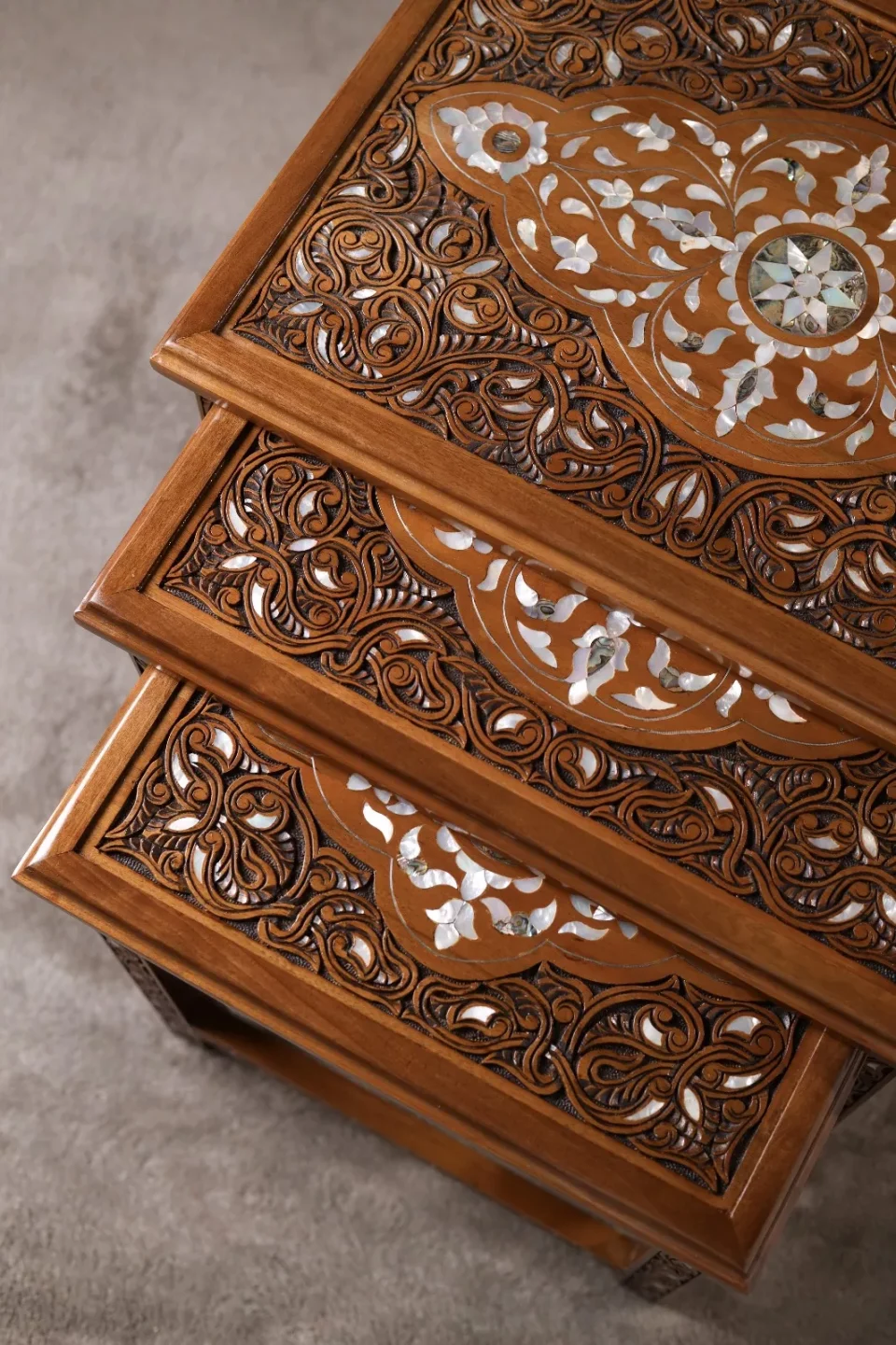 IMG-20251122-WA0050 Fatimid Collection – Hand‑Carved Nesting Tables Inlaid with Natural Mother‑of‑Pearl