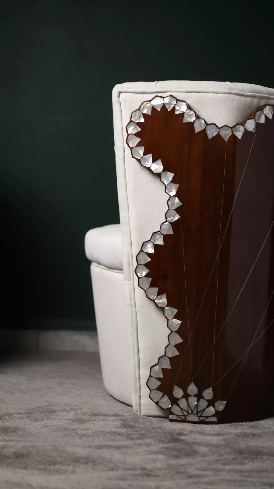 Arabesque Collection – A Luxurious Pair of Chairs with White Upholstery and Natural Mother-of-Pearl Inlay