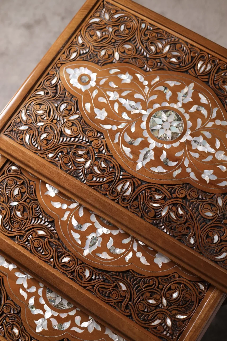 IMG-20251122-WA0055 Fatimid Collection – Hand‑Carved Nesting Tables Inlaid with Natural Mother‑of‑Pearl