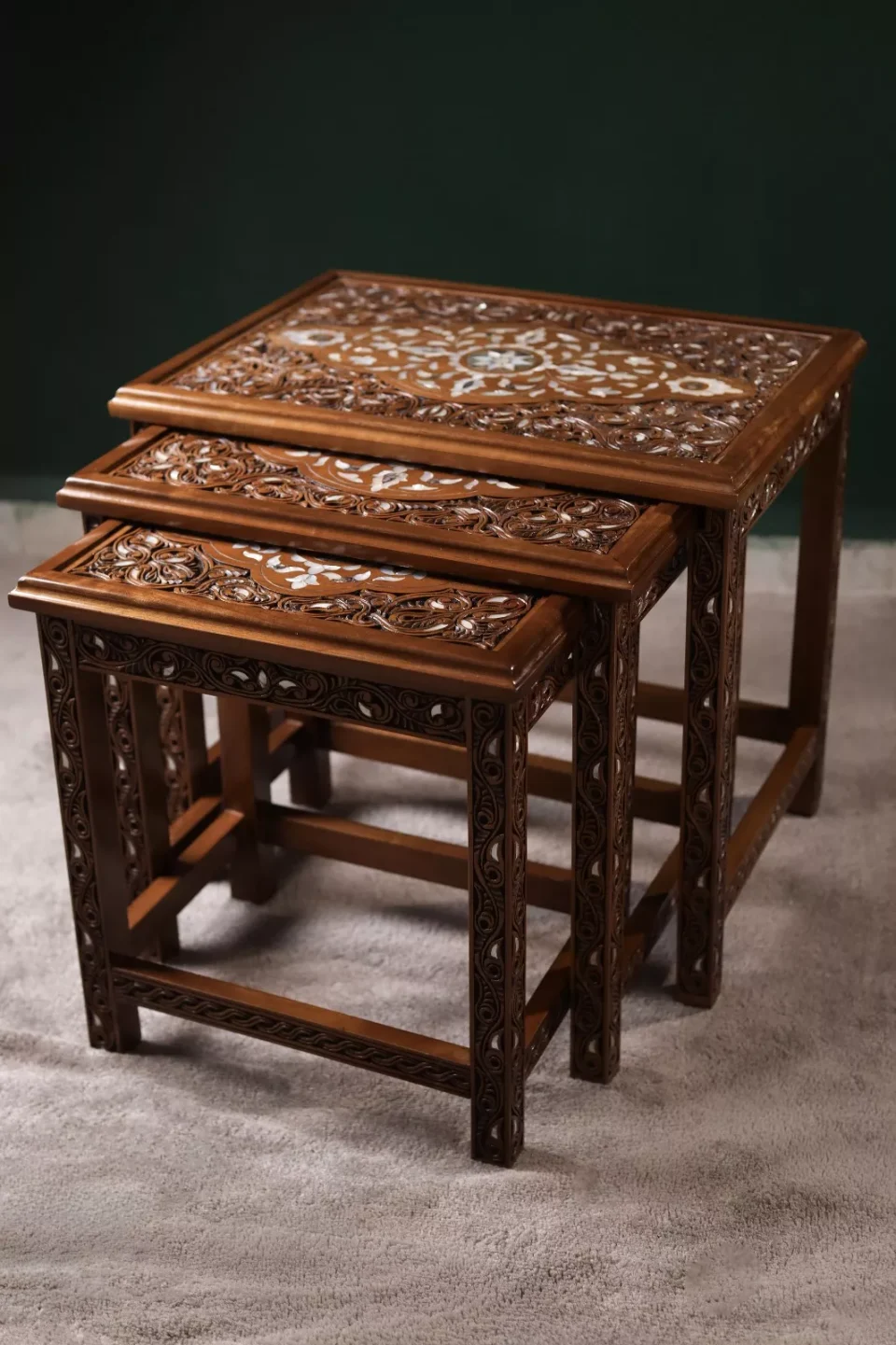 Fatimid Collection – Hand‑Carved Nesting Tables Inlaid with Natural Mother‑of‑Pearl