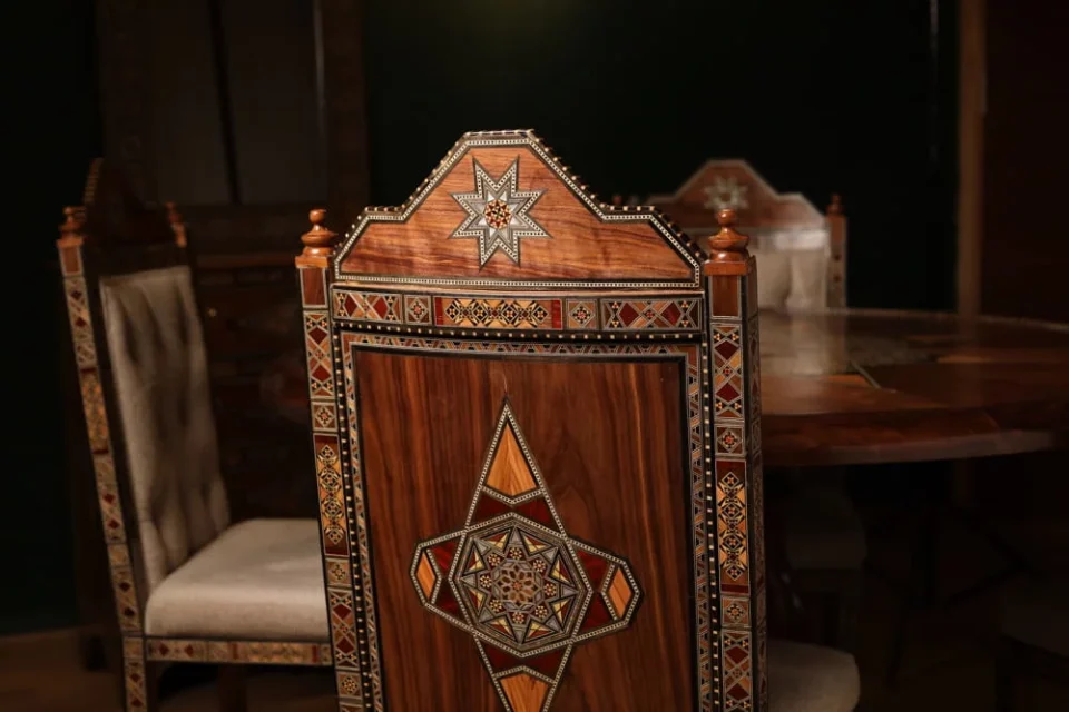 Handcrafted Mosaic Dining Room Set Inlaid with Natural Mother‑of‑Pearl – Soul of Damascus | Luxury Damascene Furniture