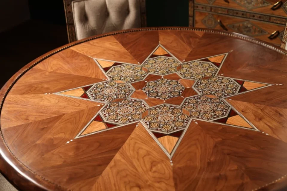 Handcrafted Mosaic Dining Room Set Inlaid with Natural Mother‑of‑Pearl – Soul of Damascus | Luxury Damascene Furniture