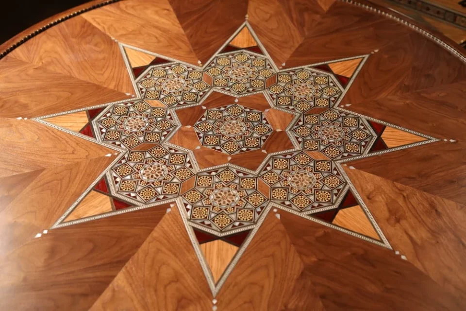 Handcrafted Mosaic Dining Room Set Inlaid with Natural Mother‑of‑Pearl – Soul of Damascus | Luxury Damascene Furniture