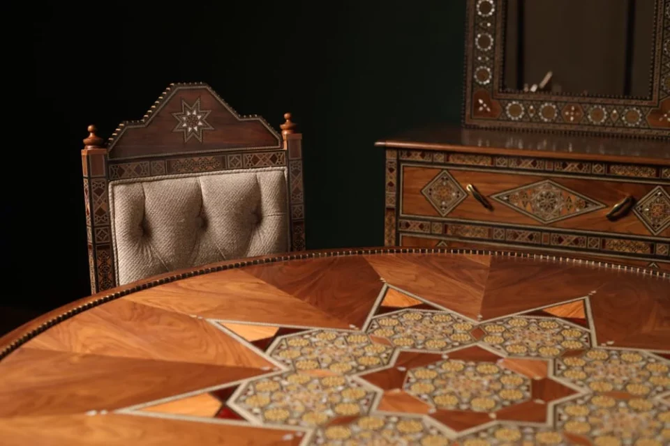 Handcrafted Mosaic Dining Room Set Inlaid with Natural Mother‑of‑Pearl – Soul of Damascus | Luxury Damascene Furniture