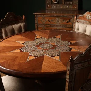 Handcrafted Mosaic Dining Room Set Inlaid with Natural Mother‑of‑Pearl – Soul of Damascus | Luxury Damascene Furniture