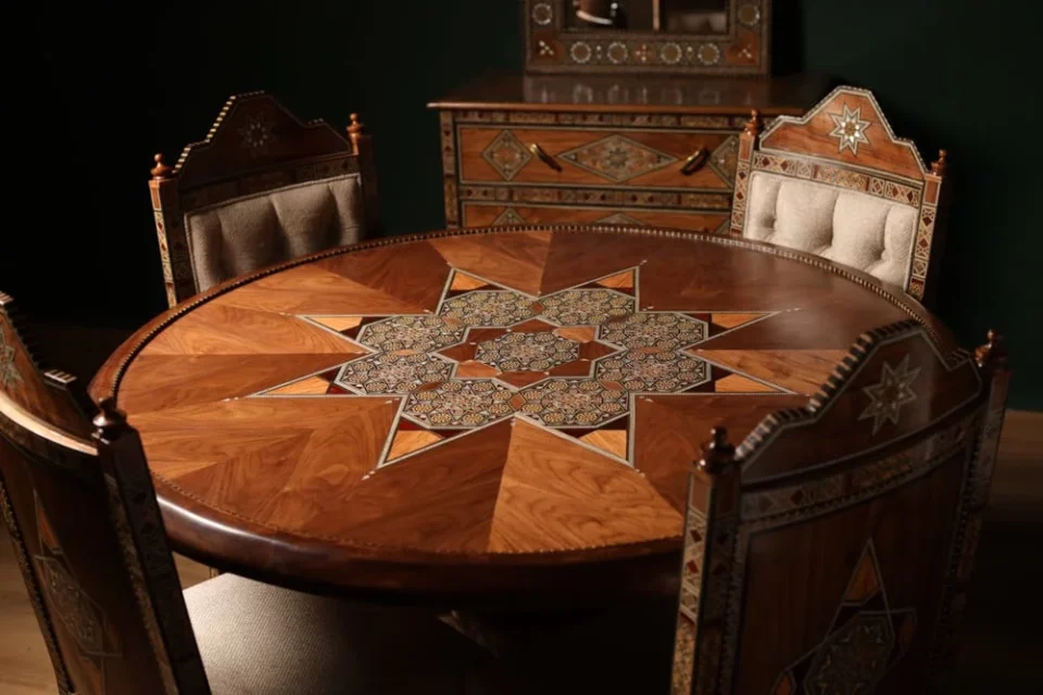 Handcrafted Mosaic Dining Room Set Inlaid with Natural Mother‑of‑Pearl – Soul of Damascus | Luxury Damascene Furniture
