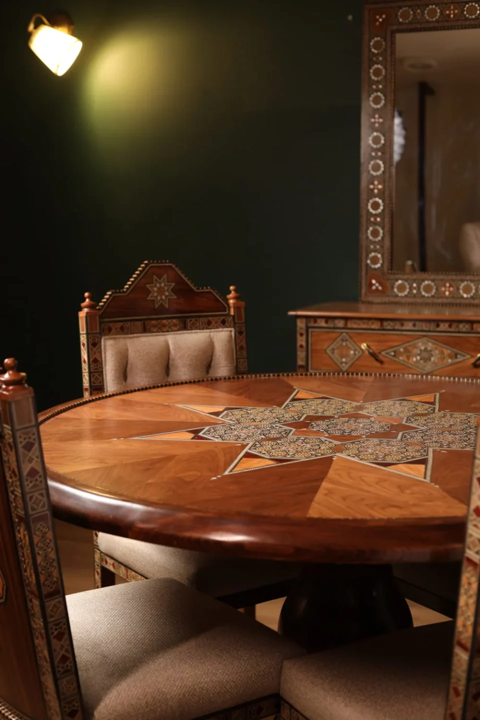 Handcrafted Mosaic Dining Room Set Inlaid with Natural Mother‑of‑Pearl – Soul of Damascus | Luxury Damascene Furniture